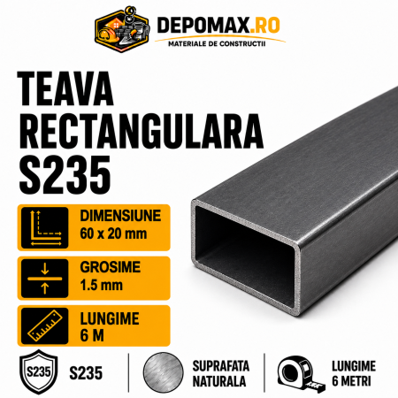 Teava rectangulara 60 x 20 x 1.5 mm, 6 metri
